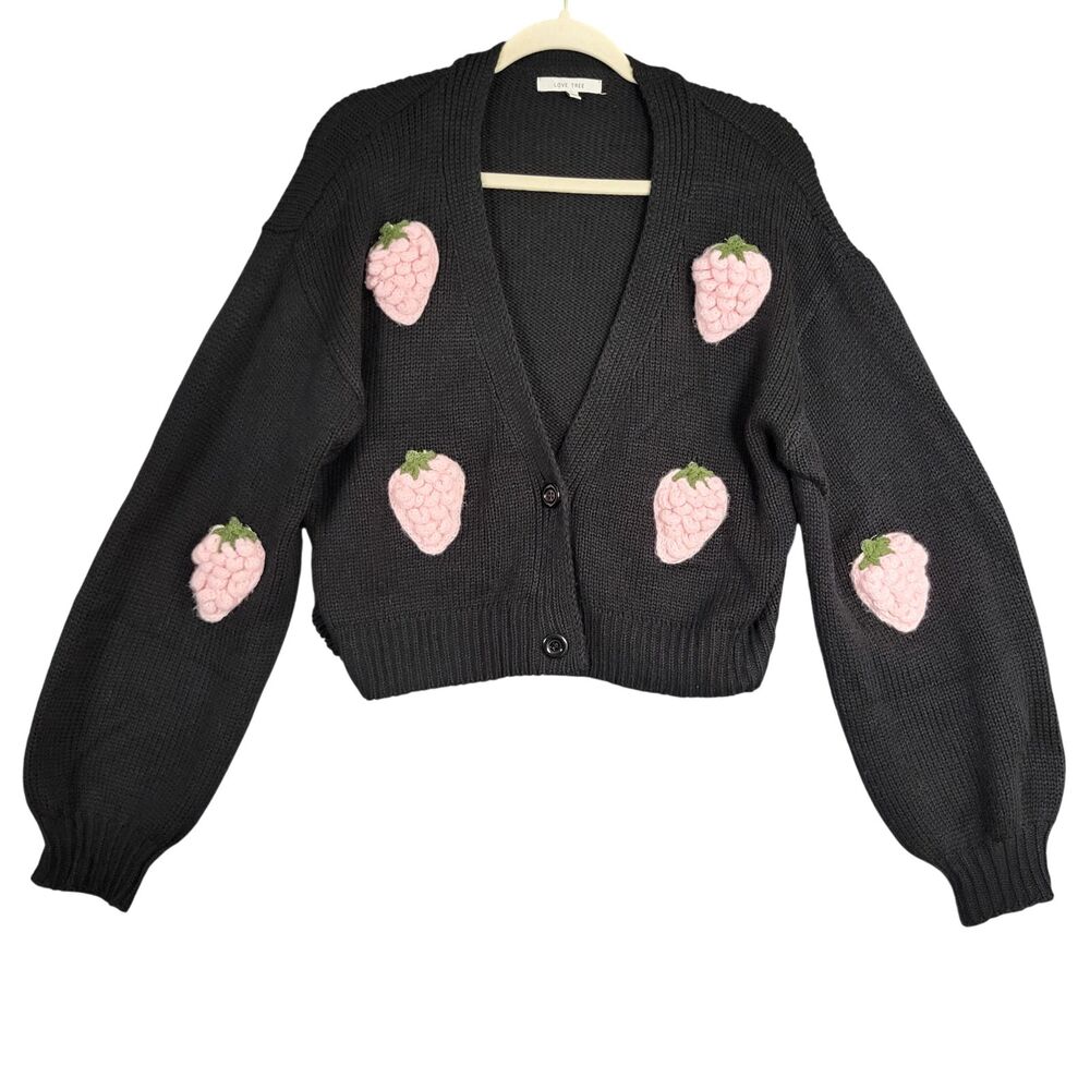 LOVE TREE Black 3D Knit Strawberry Balloon Sleeve Coquette Cardigan SIZE LARGE